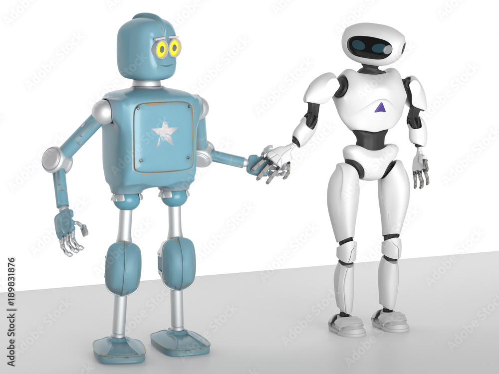 two generations of robots holding hands with an on-white background two generations of robots holding hands with an on-white background