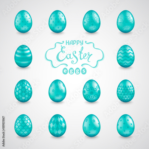 Set of 14 glossy realistic Easter eggs with different patterns and the words Happy Easter. Template for greeting cards, calendars, banners, posters, invitations. Vector illustration
