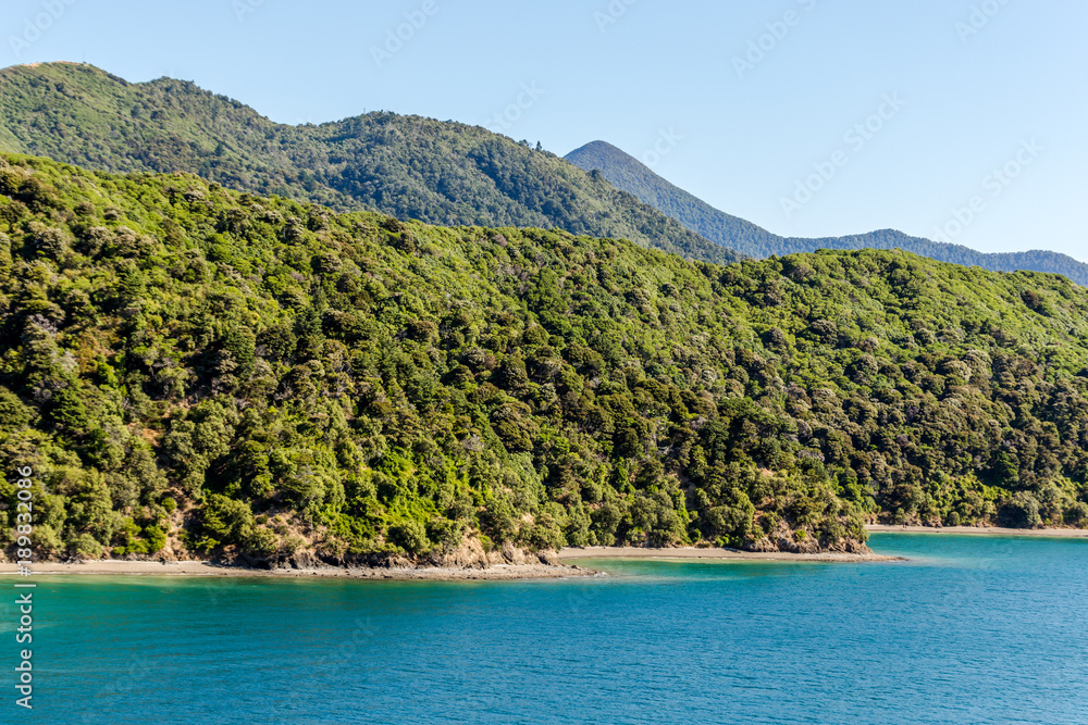 Wild landscape, shot from the top deck of a ferry, travelling from Wellington to Picton, New Zealand.