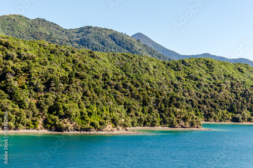Wild landscape, shot from the top deck of a ferry, travelling from Wellington to Picton, New Zealand. © Natalia