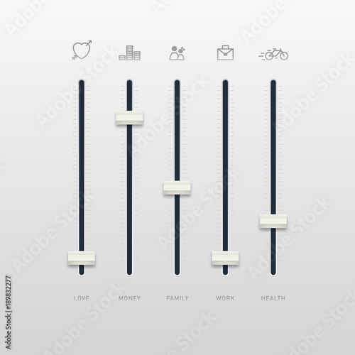 Control panel with sliders. Analog sound mixer or console. Remote control of the balance of life. Realistic design. Vector illustration.