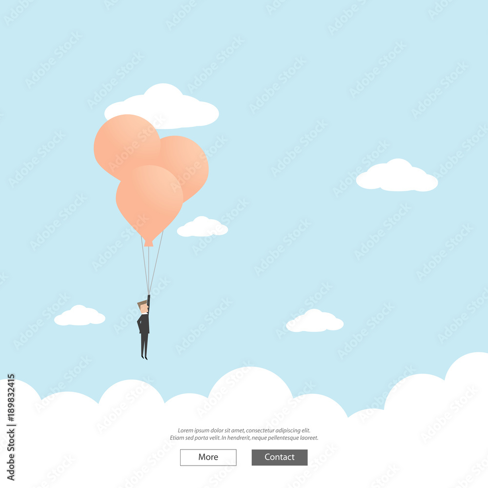 Vector flat businessman with balloon on sky. Success illustration. Business concept of goal, achievement, competition and triumph design.