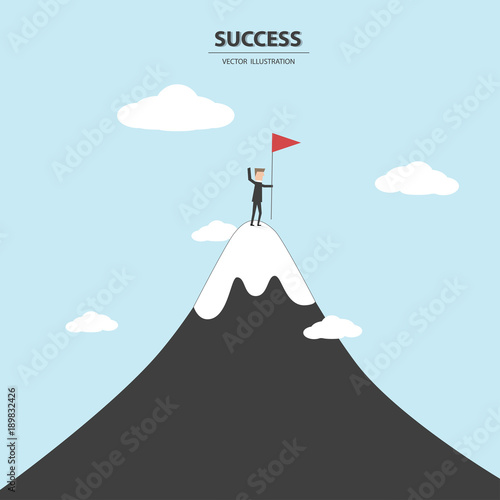Business success vector concept. Businessman holding a flag on top of mountain. Eps10 vector illustration.
