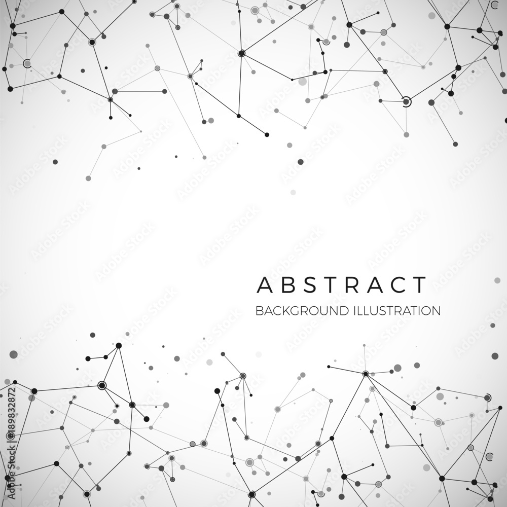 Node, dots and lines. Abstract particles geometric graphic background. Structure of atom, molecule and communication. Big data complex with compounds. Digital data visualization. Vector illustration
