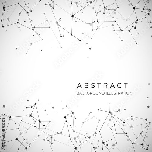 Node, dots and lines. Abstract particles geometric graphic background. Structure of atom, molecule and communication. Big data complex with compounds. Digital data visualization. Vector illustration