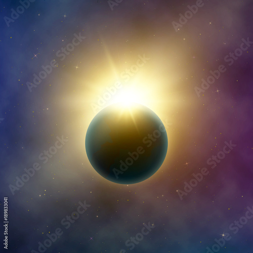 Open space. Realistic beautiful solar eclipse. Abstract star eclipse effect. Vector background