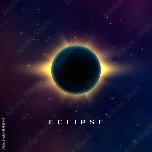 Dark abstract background with a solar eclipse. Total eclipse of the sun. Realistic vector illustration
