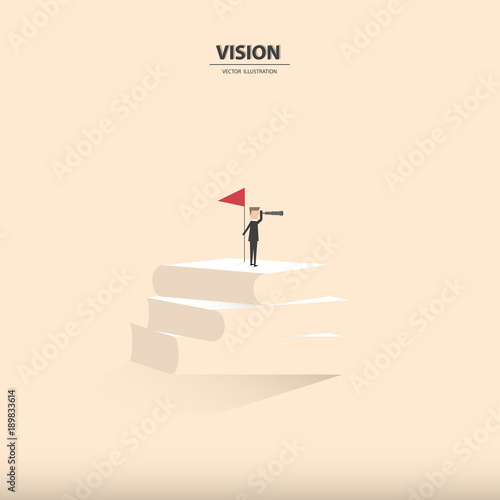 Businessman looking through telescope on top of the books. Business concept of vision, knowledge, leadership, success and challenge. Vector illustration.