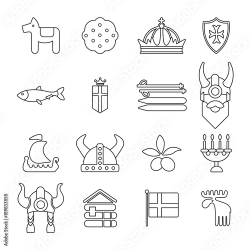 Sweden travel icons set, outline style