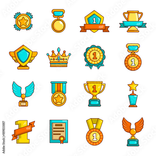 Awards medals cups icons set, simple style