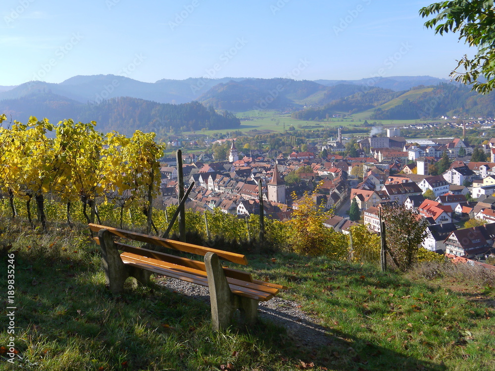 Beautiful and romantic Autumn view of Gengenbach in the Black Forest area from the top of the hill with view of the old town, bench, vineyards, mountains Beautiful and romantic Autumn view of Gengenbach in the Black Forest area from the top of the hill with view of the old town, bench, vineyards, mountains