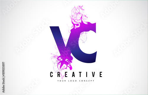 VC V C Purple Letter Logo Design with Liquid Effect Flowing