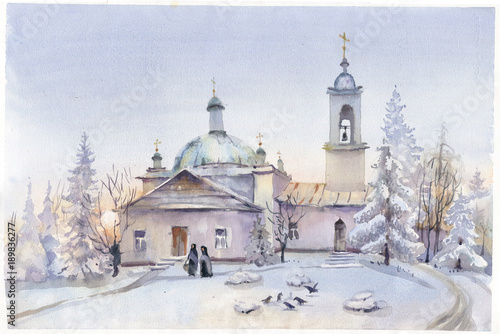 Church, watercolor landscape