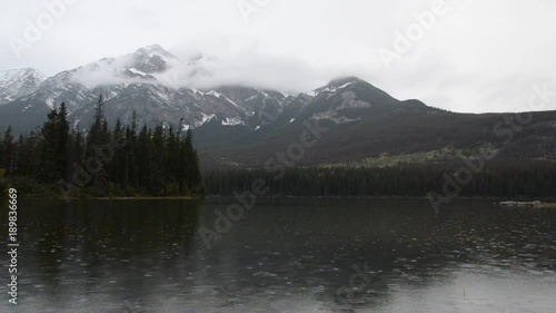 Rainy morning near the Pyramid Lake at Canadian Rocky Mountains