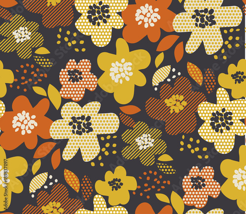 Simple free drawn floral seamless pattern. Retro 60s flower motif in fall orange and yellow colors. vector illustration.