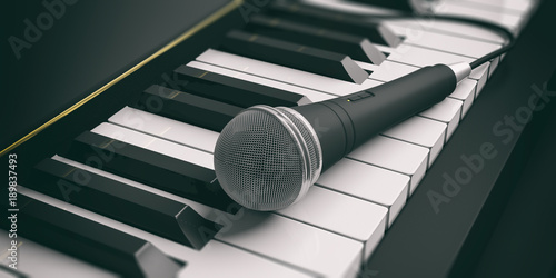 Canvas Print Microphone on piano keys. 3d illustration
