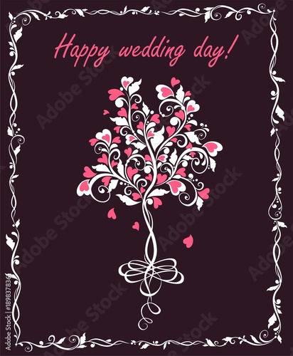 Wedding greeting card with beautiful white tree with pink hearts