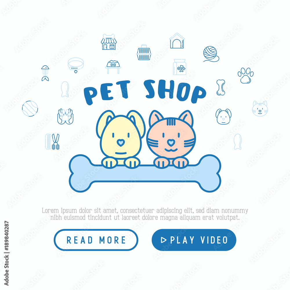 Fototapeta premium Pet shop concept: cat and dog hug bone with thin line icons around: collar, kennel, grooming, food, toys. Modern vector illustration, web page template.