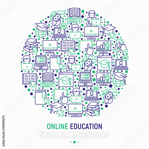 Online education concept in circle with thin line icons: online course, webinar, e-book, video conference, home studying, wise owl in graduation cup. Modern vector illustration for school web page.