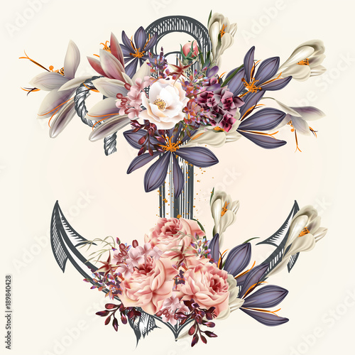 Anchor decorated by spring flowers ideal for labels for logotype or print design in vintage style