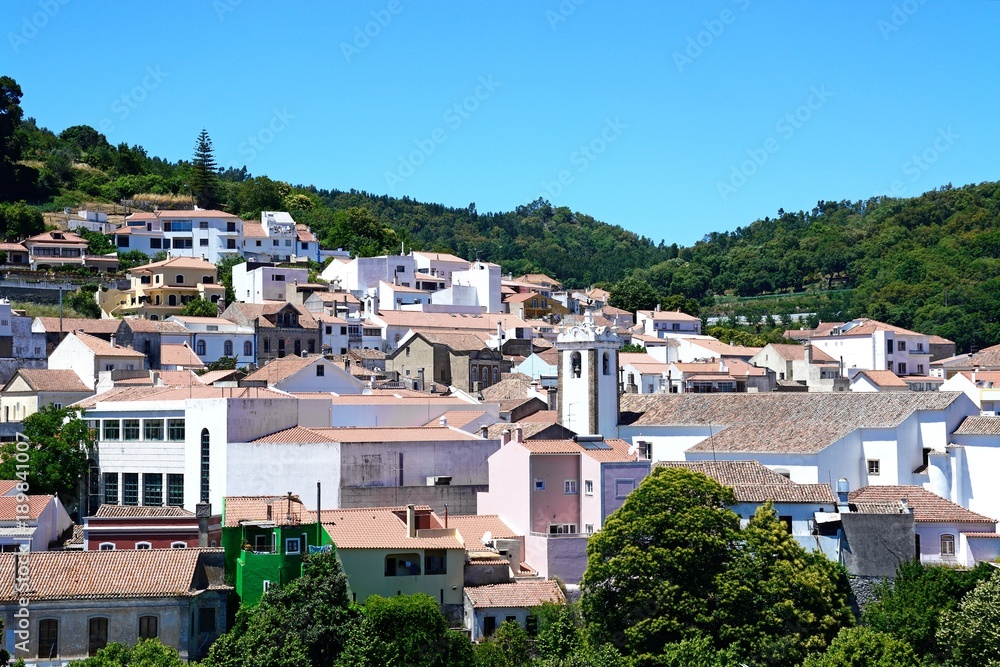 Elevated view of the village with the church to the centre, Monchique, Algarve, Portugal.