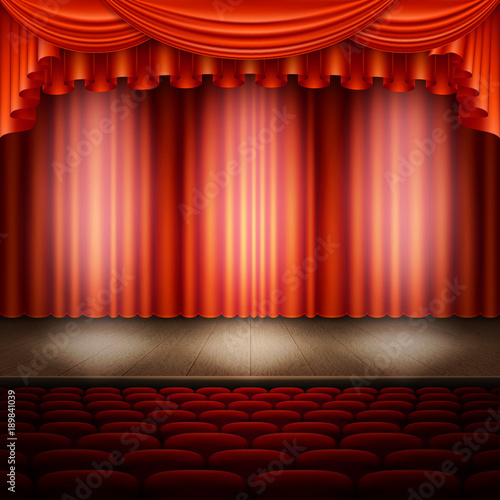 Spotlight on stage and red curtain. EPS 10 vector
