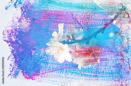 dreamy and abstract image of cherry tree. double exposure effect with watercolor brush stroke texture.