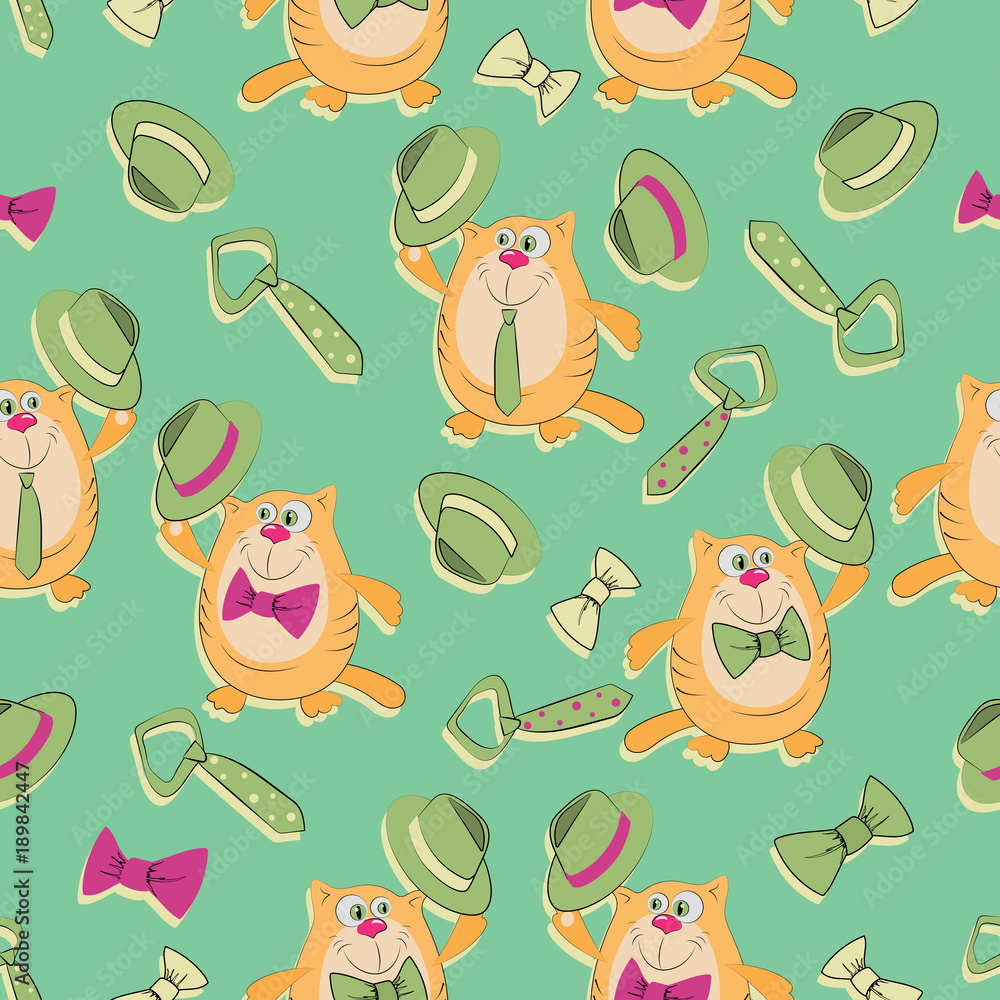 Cat with hat. Bow ties and tie. Father's Day. Seamless pattern. Design for textile, wrapping paper. Cat with hat. Bow ties and tie. Father's Day. Seamless pattern. Design for textile, wrapping paper.