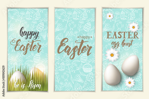 Set of greeting Easter banners. Tags with eggs on the grass, hand made trendy lettering "Happy Easter. Egg hunt" and  pattern with paschal symbols in sketch style. 