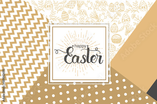 Easter Greeting Card with paschal hand drawn symbols, hand made trendy lettering "Happy Easter" on golden Modern Geometric Background . Vector illustration. Banner, flyer, brochure, postcard, for web