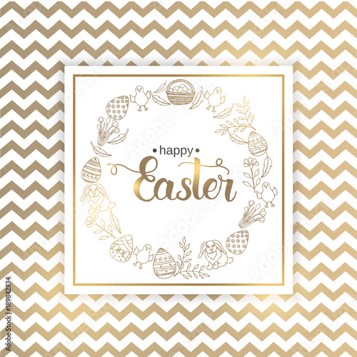 Easter poster with paschal hand drawn symbols, hand made trendy lettering "Happy Easter" on golden and white pattern. Banner, flyer, brochure. Background for holidays, postcards, website.