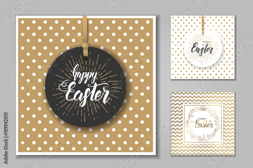 Easter set of cards with paschal hand drawn symbols, hand made trendy lettering "Happy Easter" on golden and white pattern. Banner, flyer, brochure. Background for holidays, postcards, website.