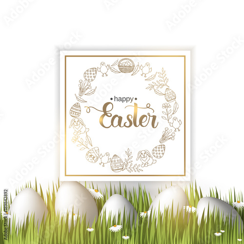 Easter poster with eggs on the grass, paschal hand drawn symbols, hand made trendy lettering "Happy Easter" on white. Banner, flyer, brochure. Background for holidays, postcards, website.