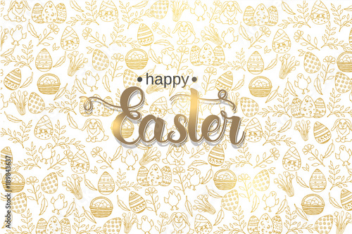 Easter poster with hand made trendy lettering "Happy Easter" and golden paschal symbols in sketch style. Banner, flyer, brochure. Background for holidays, postcards, websites