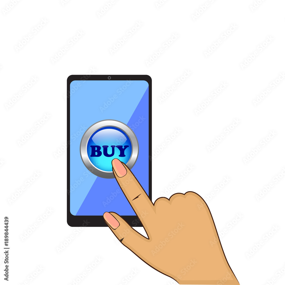 Woman finger pointing or pressing on buy button on the mobile screen mobile, vector illustration. Online shopping concept. Woman finger pointing or pressing on buy button on the mobile screen mobile, vector illustration. Online shopping concept.