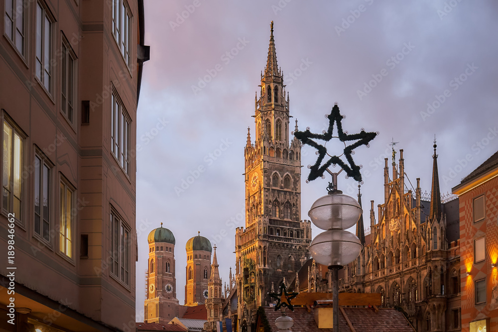 Marienplatz square in Munich with New Town Hall (Rathaus) and The Frauenkirche church in frame