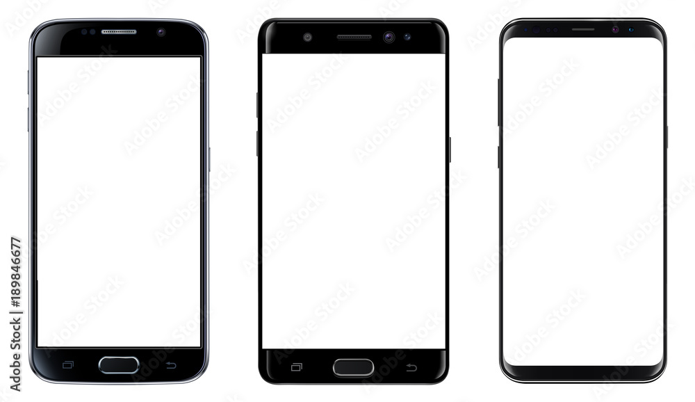 Smartphones, mobile phones isolated with blank screen, set of vector mockups. Smartphones, mobile phones isolated with blank screen, set of vector mockups.