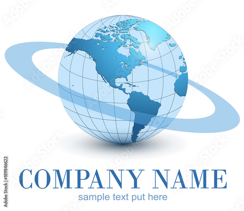 Logo earth globe, blue planet with dynamic orbit. 