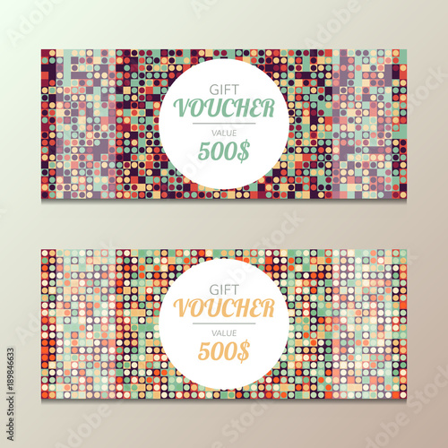 Gift voucher with retro design. Vector template for coupon. Promotion concept for fashion event card. Random colored circles and squares.