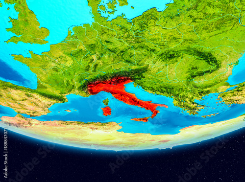Satellite view of Italy in red