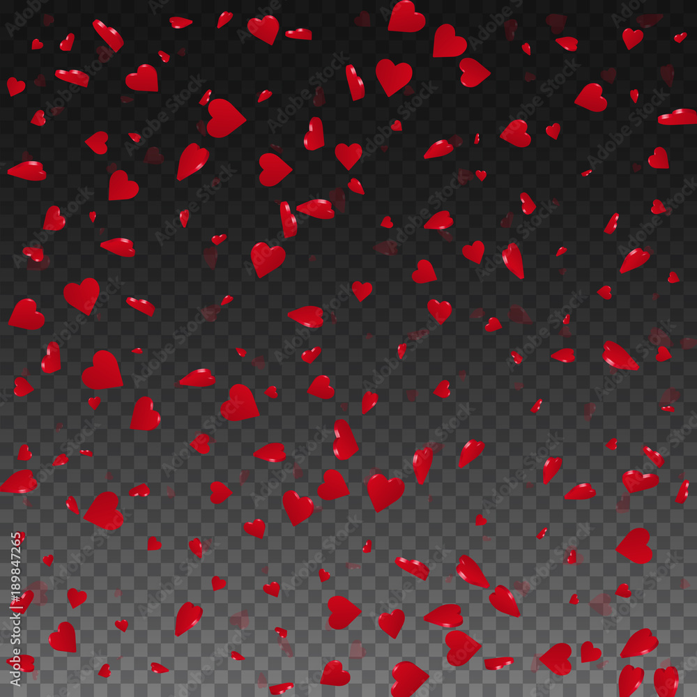 3d hearts valentine background. Scattered pattern on transparent grid dark background. 3d hearts valentines day unique design. Vector illustration. 3d hearts valentine background. Scattered pattern on transparent grid dark background. 3d hearts valentines day unique design. Vector illustration.