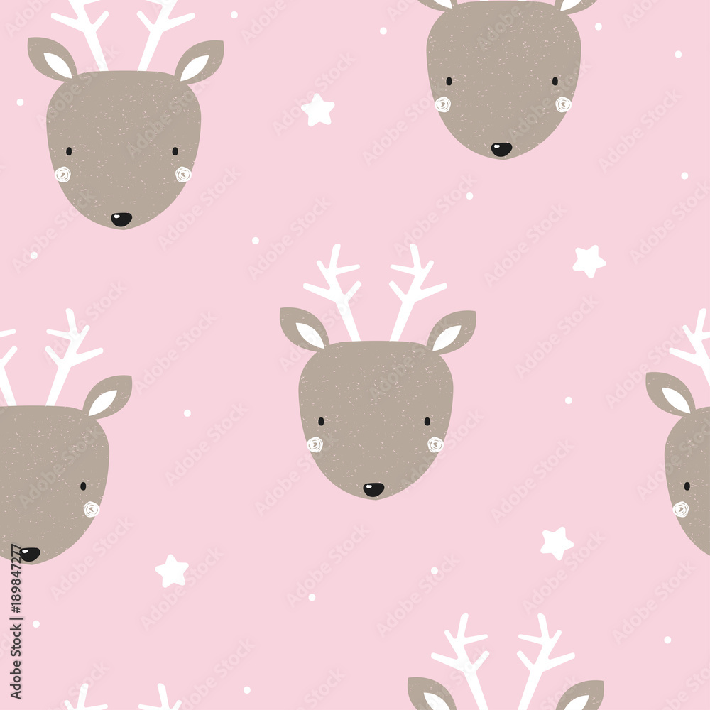 Obraz premium Seamless pattern with cute little deer. Vector hand drawn illustration.