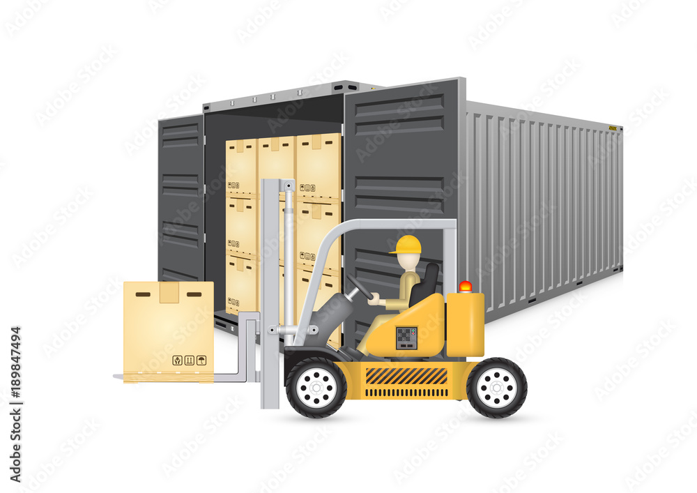 Vector of operator, driver or worker to handling box on pallet into storage or cargo container by forklift, equipment for logistic, shipping and delivery. Freight transport and distribution industry.