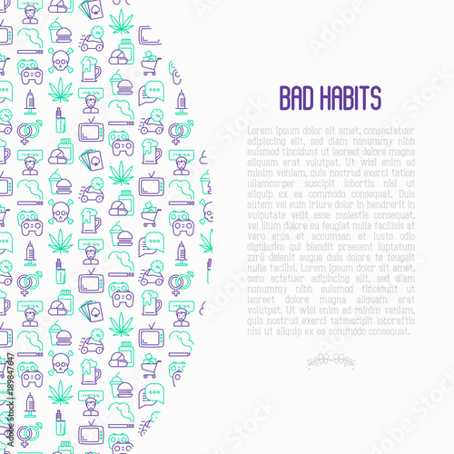 Bad habits concept with thin line icons set: abuse, alcoholism, cigarette, marijuana, drugs, fast food, poker, promiscuity, tv, video games. Modern vector iilustration for banner, print media.