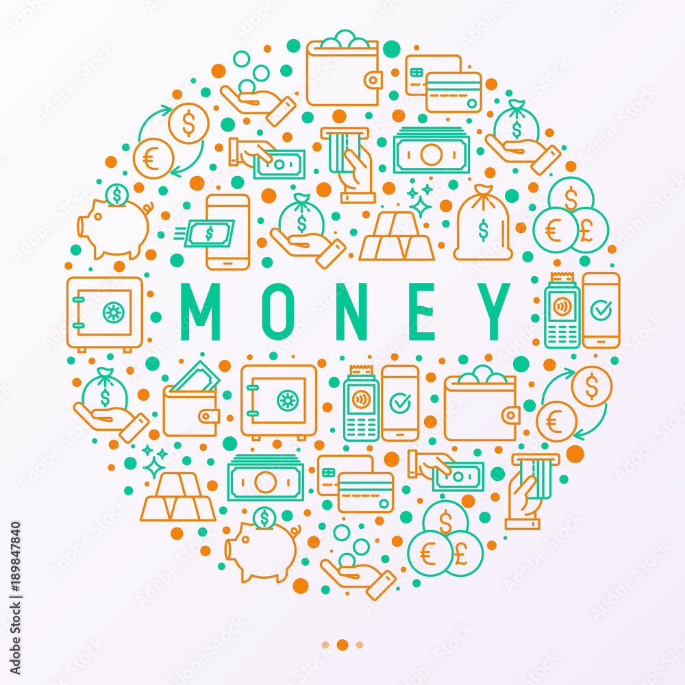 Money concept in circle with thin line icons: cash, credit card, pos terminal, piggy bank, wallet, hand with coins, bag of gold. Modern vector illustration for banner, print media, web page.