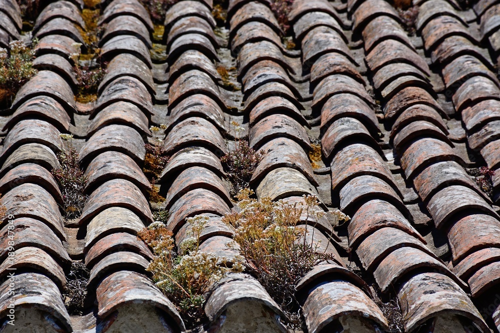 Traditional Portuguese tiled roof in the old town, Monchique, Algarve, Portugal.