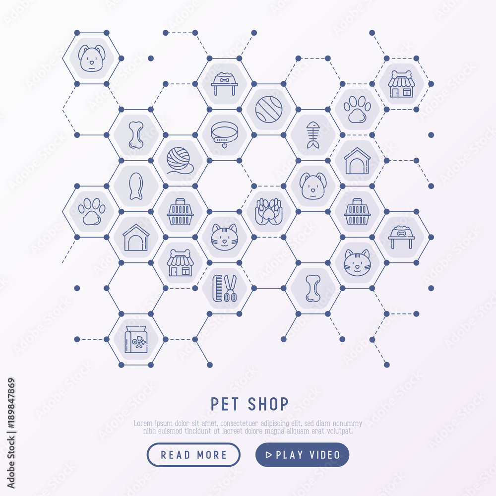 Pet shop concept in honeycombs with thin line icons: cat, dog, collar, kennel, grooming, food, toys. Modern vector illustration, web page template. Pet shop concept in honeycombs with thin line icons: cat, dog, collar, kennel, grooming, food, toys. Modern vector illustration, web page template.