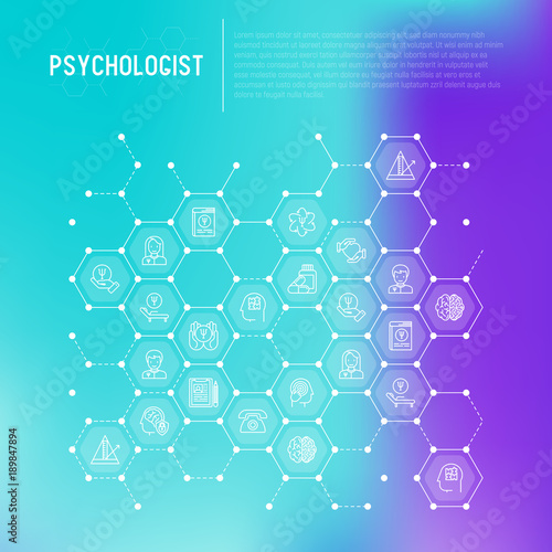 Psychologist concept in honeycombs with thin line icons: psychiatrist, disease history, armchair, pendulum, antidepressants, psychological support. Vector illustration for web page, print media.