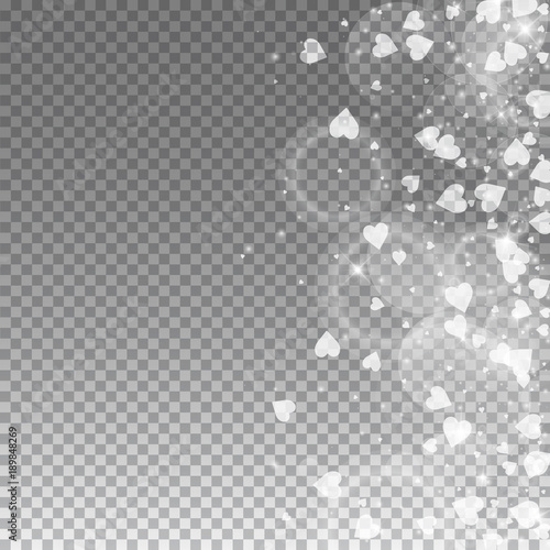 Falling hearts valentine background. Scatter right gradient on transparent grid dark background. Falling hearts valentines day flawless design. Vector illustration.