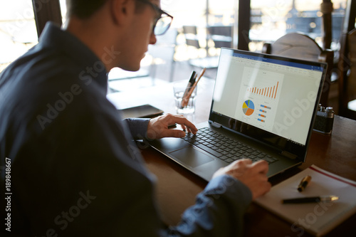 Close-up back view of caucasian businessman hands typing on laptop keyboard and using touchpad. Notebook and pen on foreground of workspace. Charts and diagrams on screen. Isolated no face view.